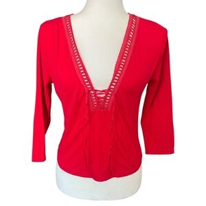 Y2K Red Lace-Up Front Top with deep v-neck  M